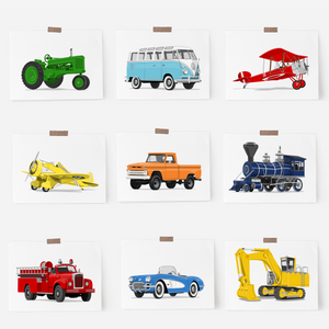 Nine transportation drawings from Paper Llamas with green tractor, VW van, airplanes fire truck and excavator.