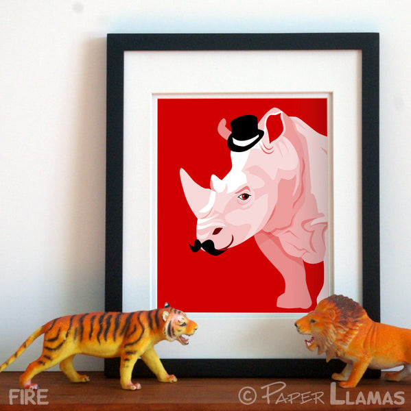 Children\'s art, Animals with mustaches - bright colorful set of four prints - jungle safari - Lion giraffe rino zebra - dapper animals  - baby nursery art from Paper Llamas