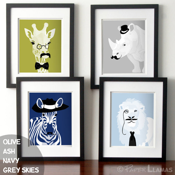 Children's art, Animals with mustaches - bright colorful set of four prints - jungle safari - Lion giraffe rino zebra - dapper animals  - baby nursery art from Paper Llamas